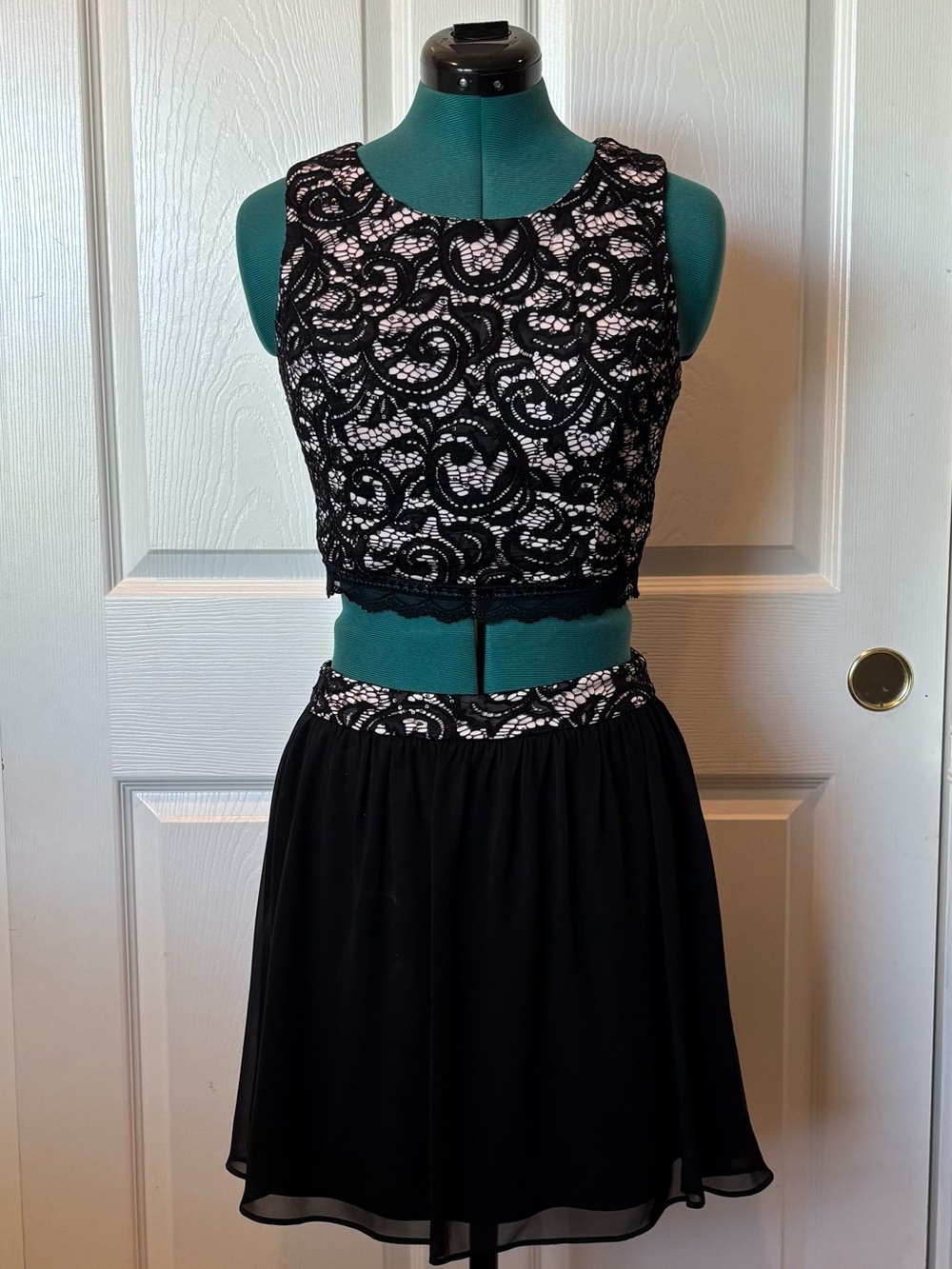BCX Black Lace Crop Top and Skirt Mini Dress with Blush Lining